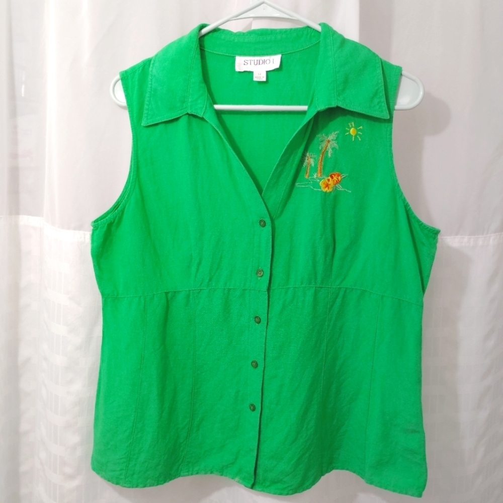 Studio I Green Linen Tank Top Vest Button Up With Tropical Embroidery Cruise